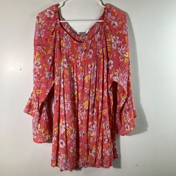 Counterparts Tops - Womens Counterparts Boho Floral Smocked Top Bell‎ Sleeve 2X Orange Yellow
